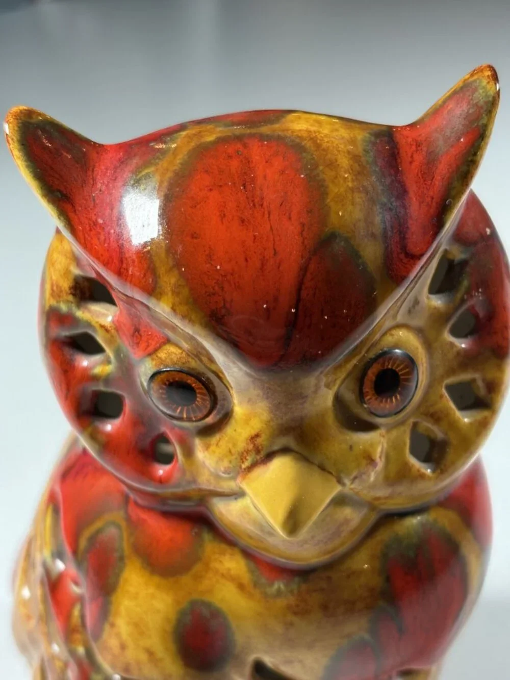 Vintage Ceramic Owl Tea Light Holder Handcrafted Red Brown Glazed Luminary 7" - Picture 2 of 10
